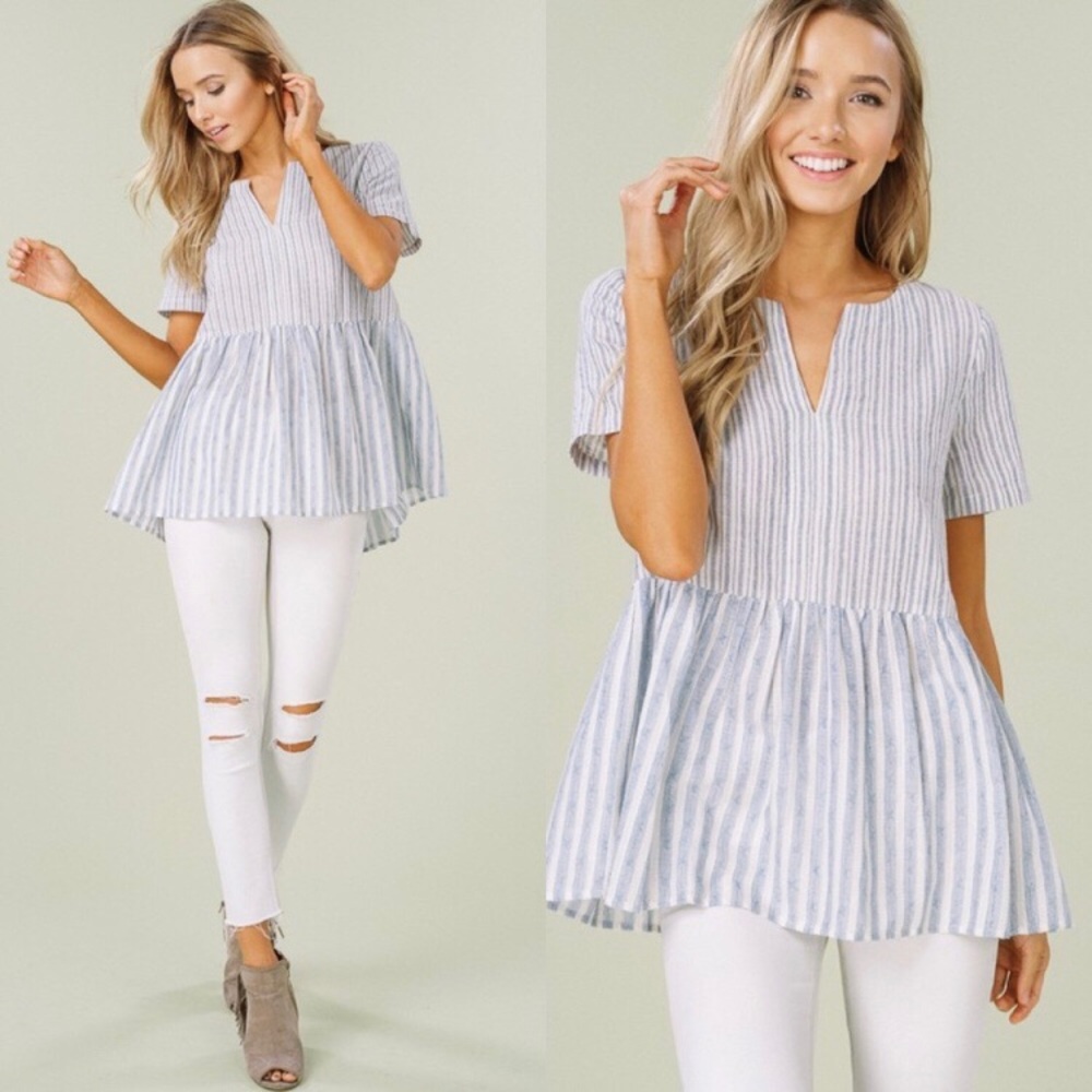 Blue Striped Short Sleeve Babydoll Top